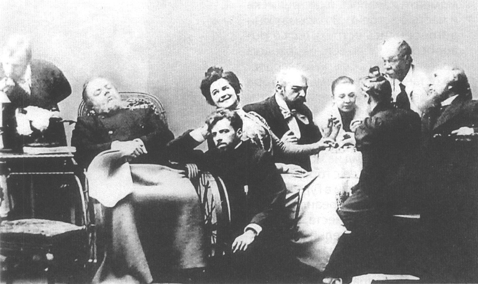 Слева направо: В.В. Лужский, В.Э. Мейерхольд, О.Л. Книппер, К.С. Станиславский, А.Л. Вишневский (справа)