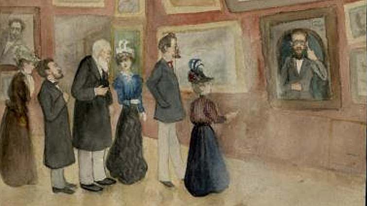 А.П. Чехов в Третьяковской галерее перед своим портретом, написанным И.Э. Бразом. Карикатура Хотяинцевой. 1898 г.